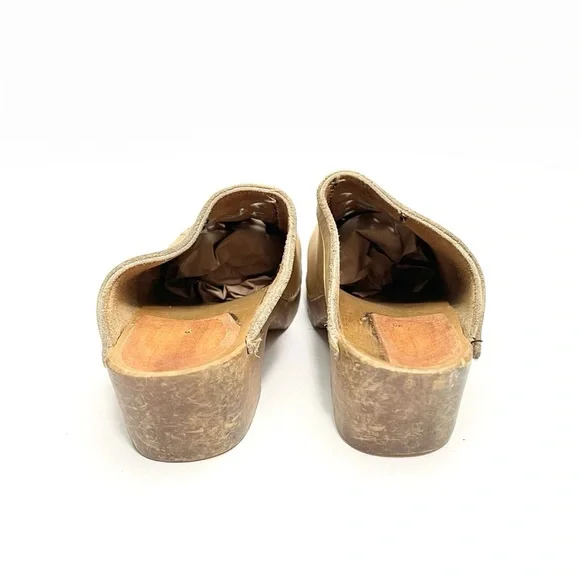 Vintage 1970s tan leather lattice weave wooden Swedish clogs - Picture 7 of 8